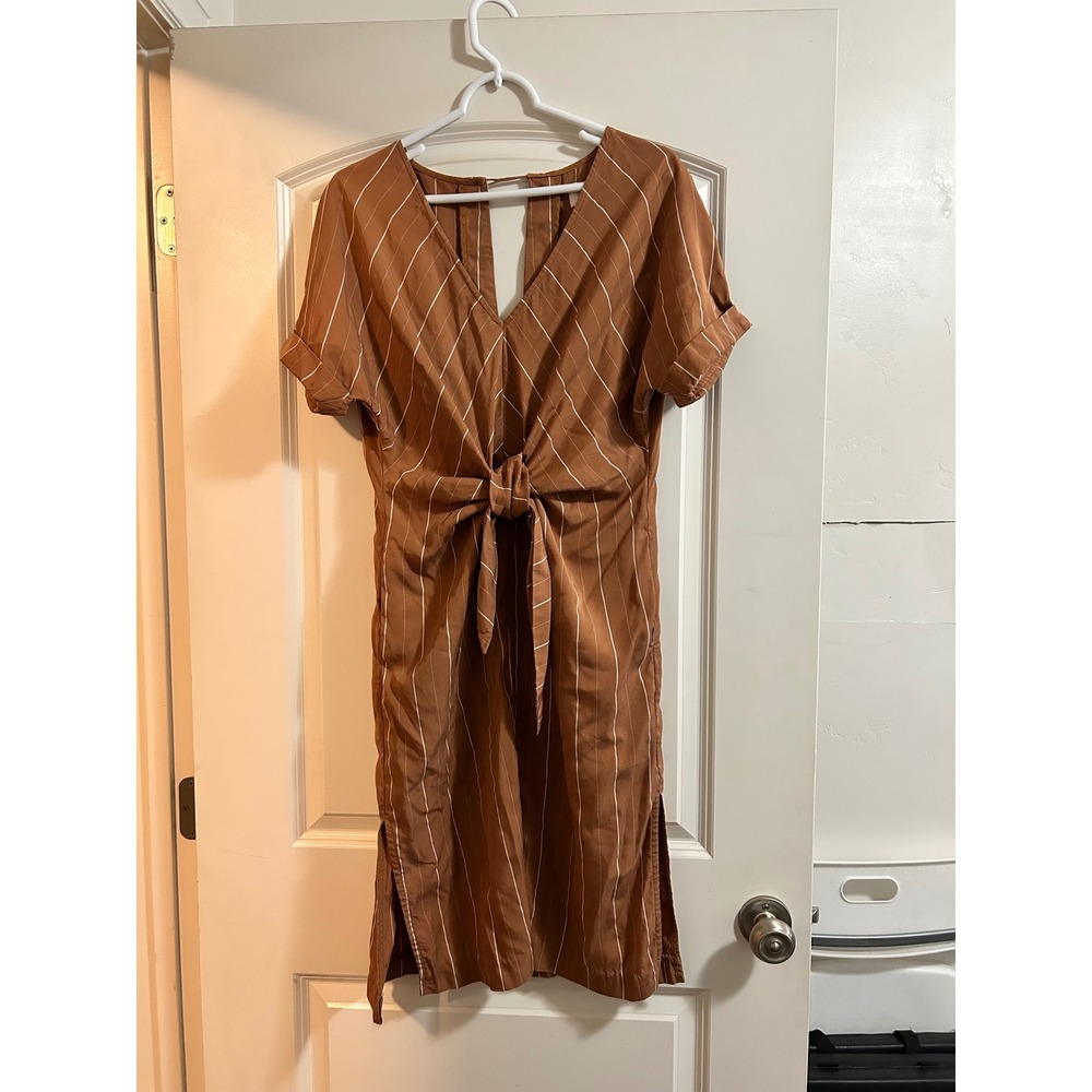 Sancia Women's Brown Striped Tie Front Midi Dress with Pockets Size‎ S